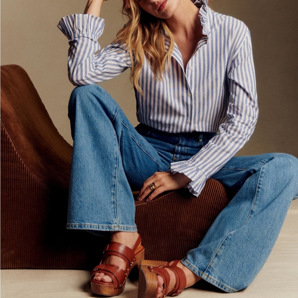 Sezane Blue and White Striped Button Down Shirt